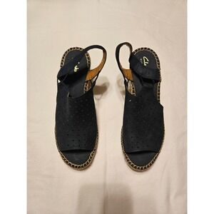 Clarks Women's Navy Blue Suede Perforated Espadrille Wedge Sandals Slingback 9M